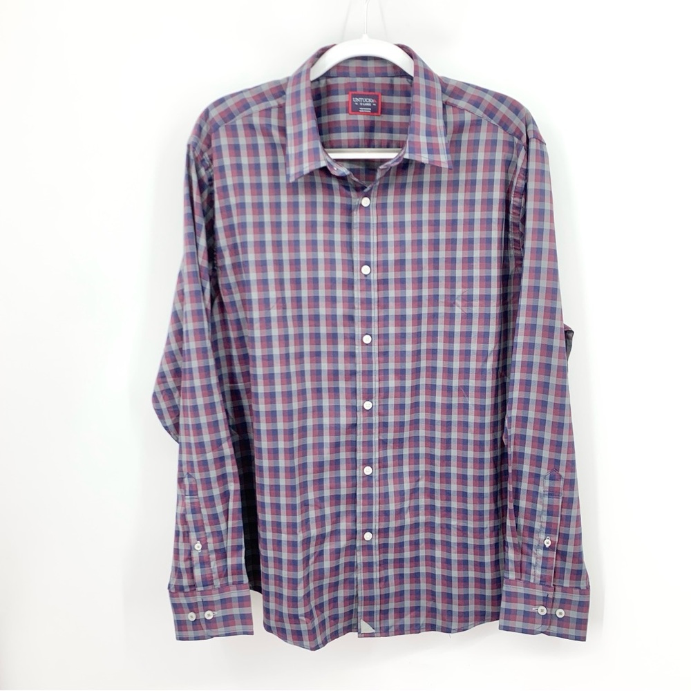 Untuckit Men Size XL Shirt Button‎ Down Top Long Sleeve Red Blue Checkered Plaid